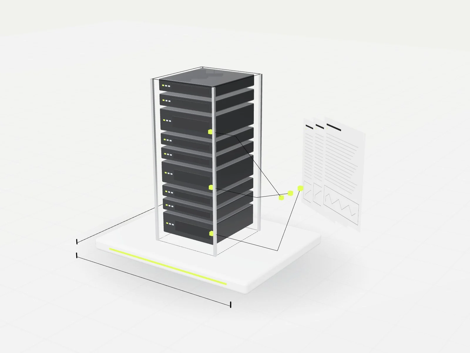 Server cabinet beside its documentation, with dimension lines