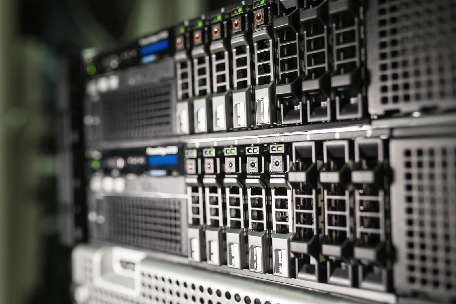 Front of rack-mounted servers with drive bays