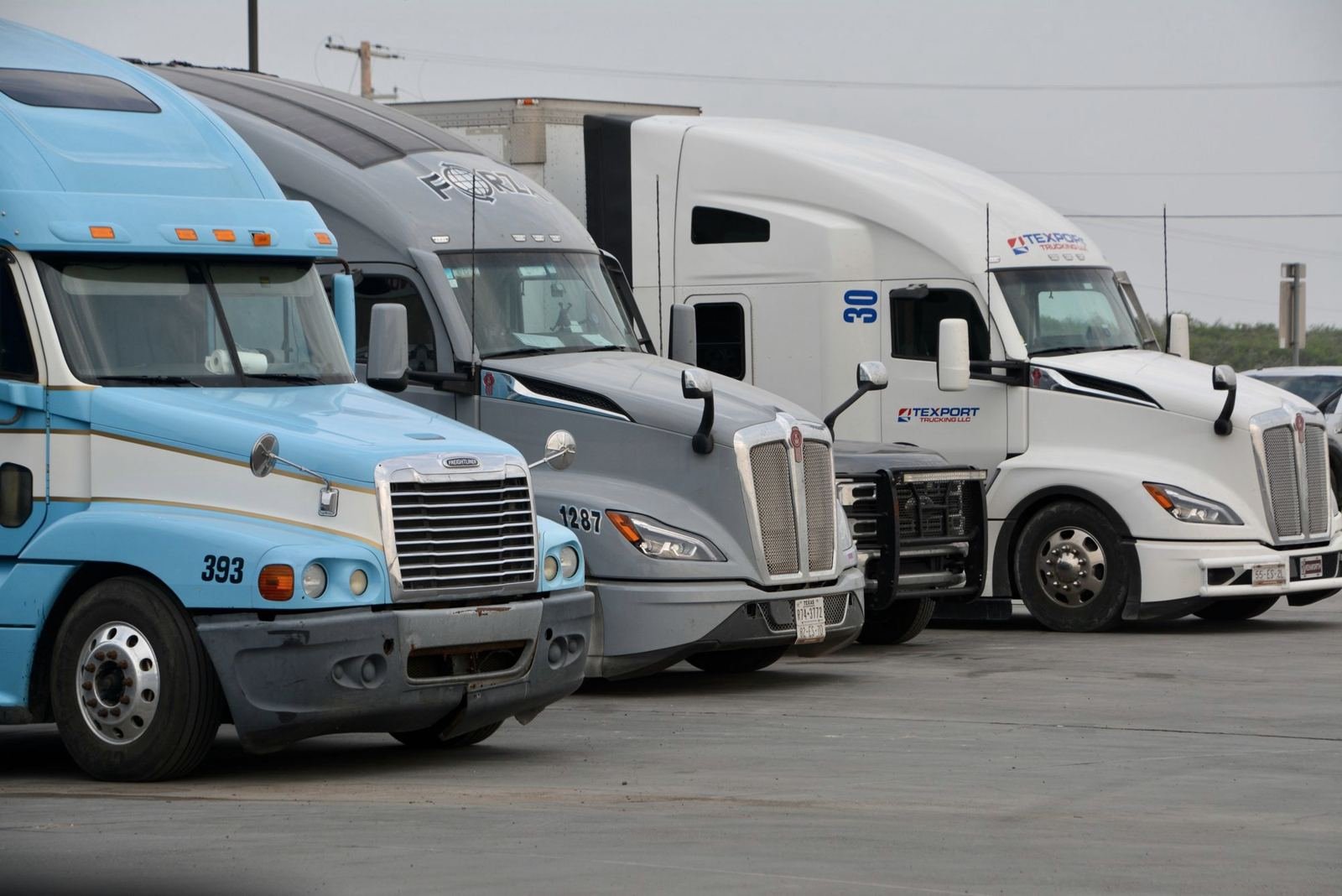 Row of modern semi trucks