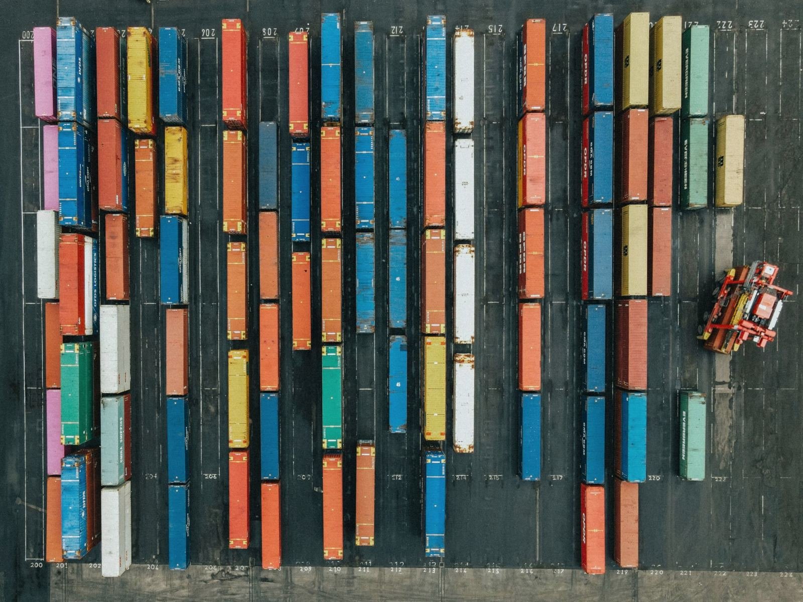 Rows of shipping containers seen from above